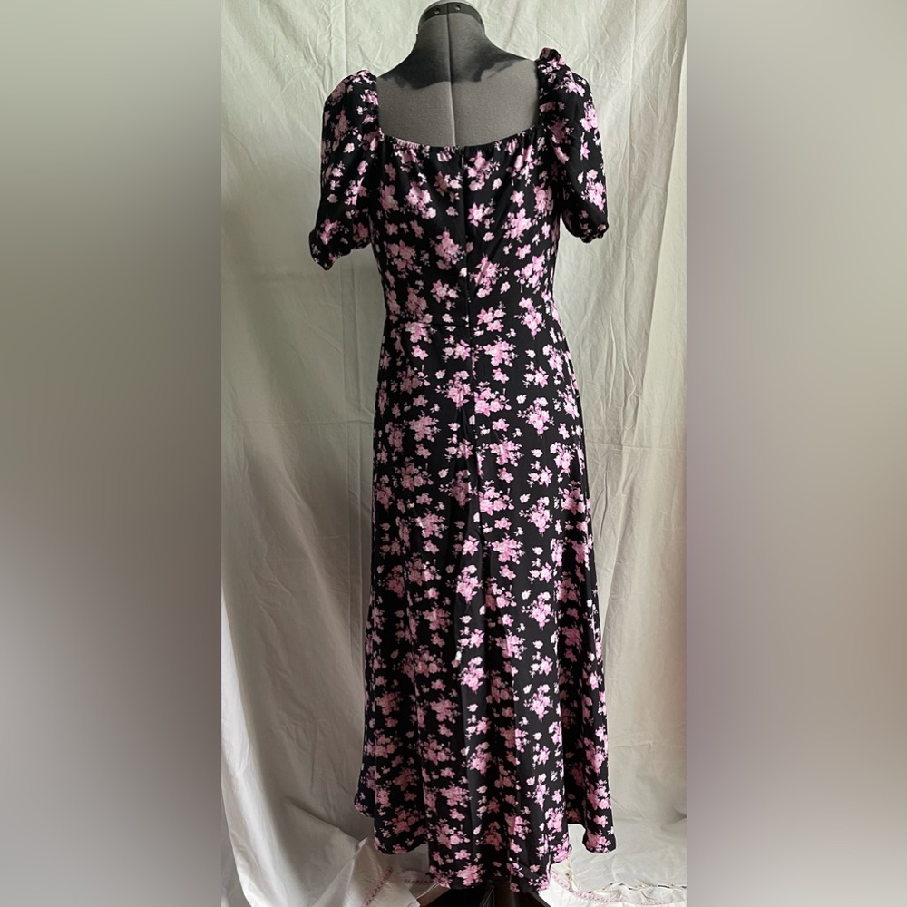 Black and pink floral puff sleeve midi sundress - Picture 6 of 9